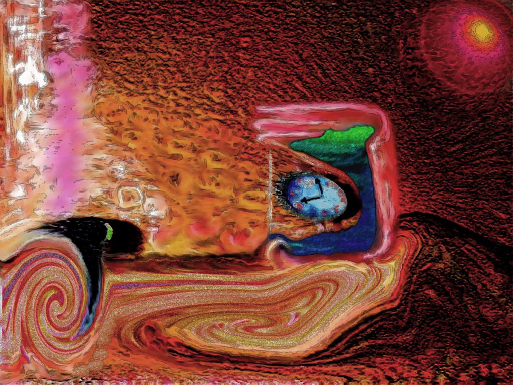 009-Everything-IS-Sarah-Curtiss-Grace-Art-Group-abstract-Time-Passing abstract image with clock in the middle on a tombstone passing through dimensions