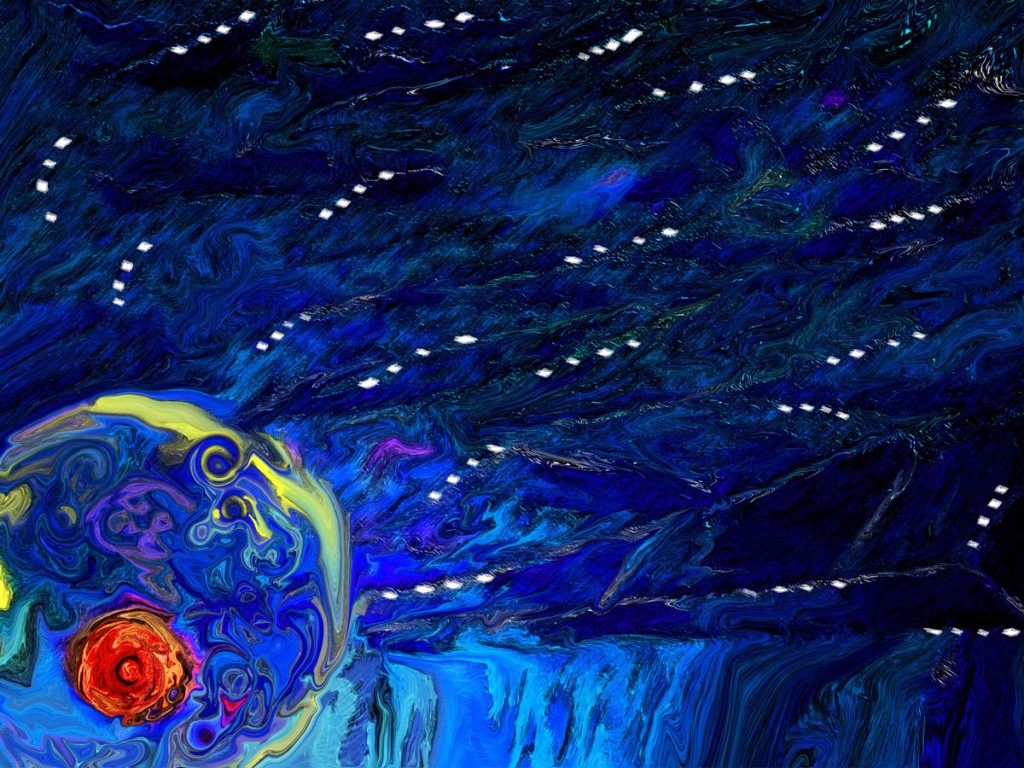 abstract blue painting representing a breast in the corner of a cosmic bedroom from Everything IS, a visual and philosophical theory of everything