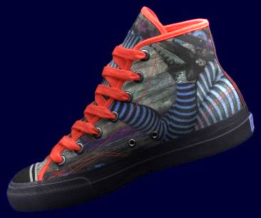 High top Ked tennis shoe with image of Inline Skater in striped tights on the ground